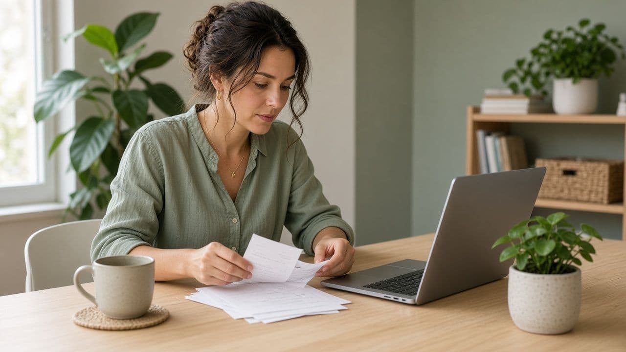 A woman at a laptop with a calculator, notebook, and coffee