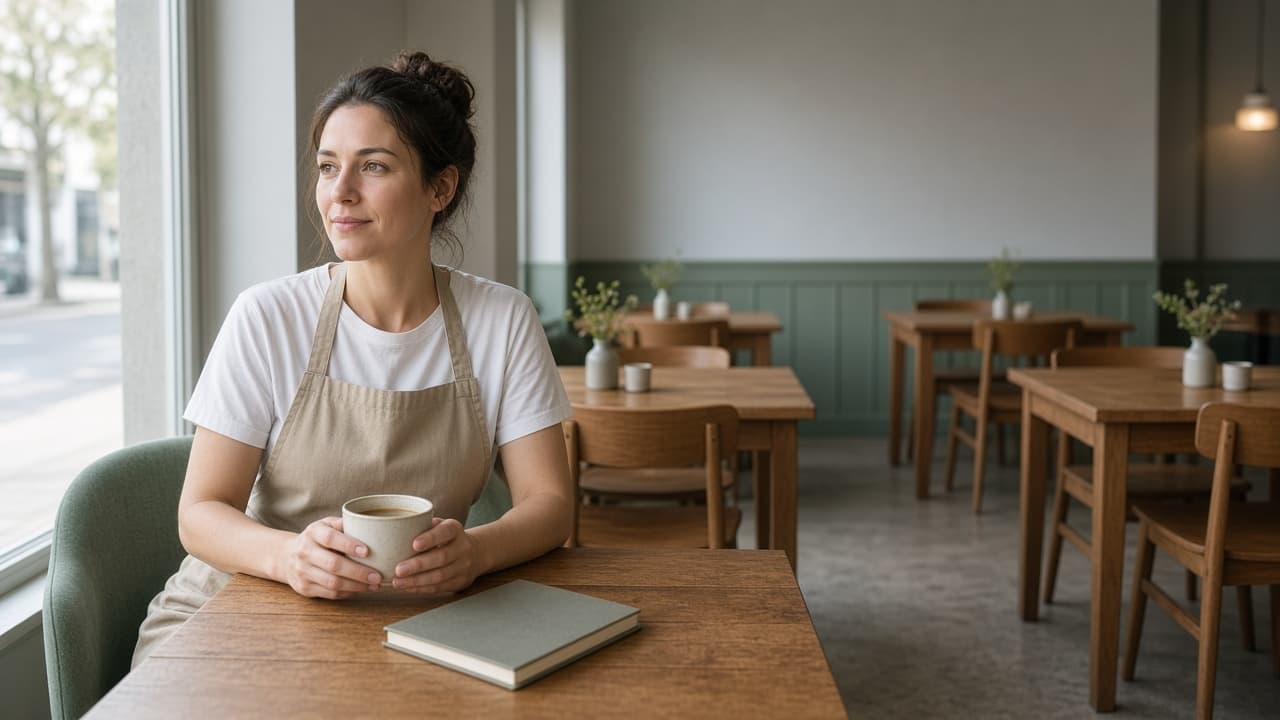 A restaurant owner in an apron at a window table